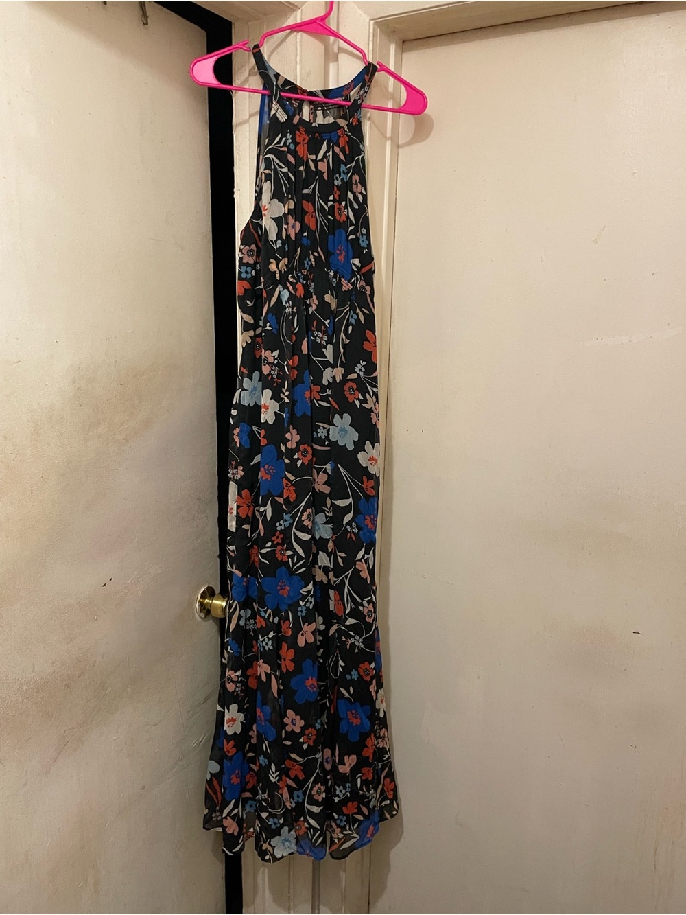 A Pea in the Pod Maternity L Black Floral Halter Sleeveless Maxi Dress Chiffon